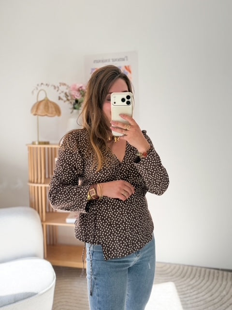 Blouse cache coeur marron fleurs