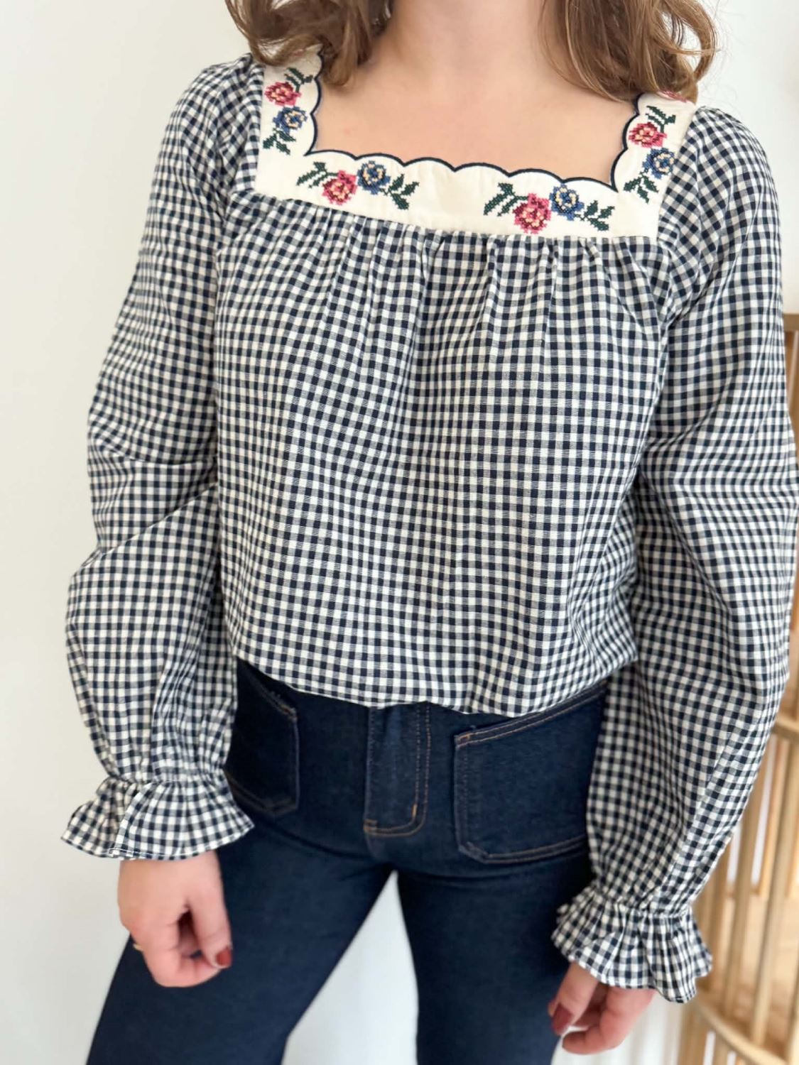 Blouse vichy col carré - Bleu