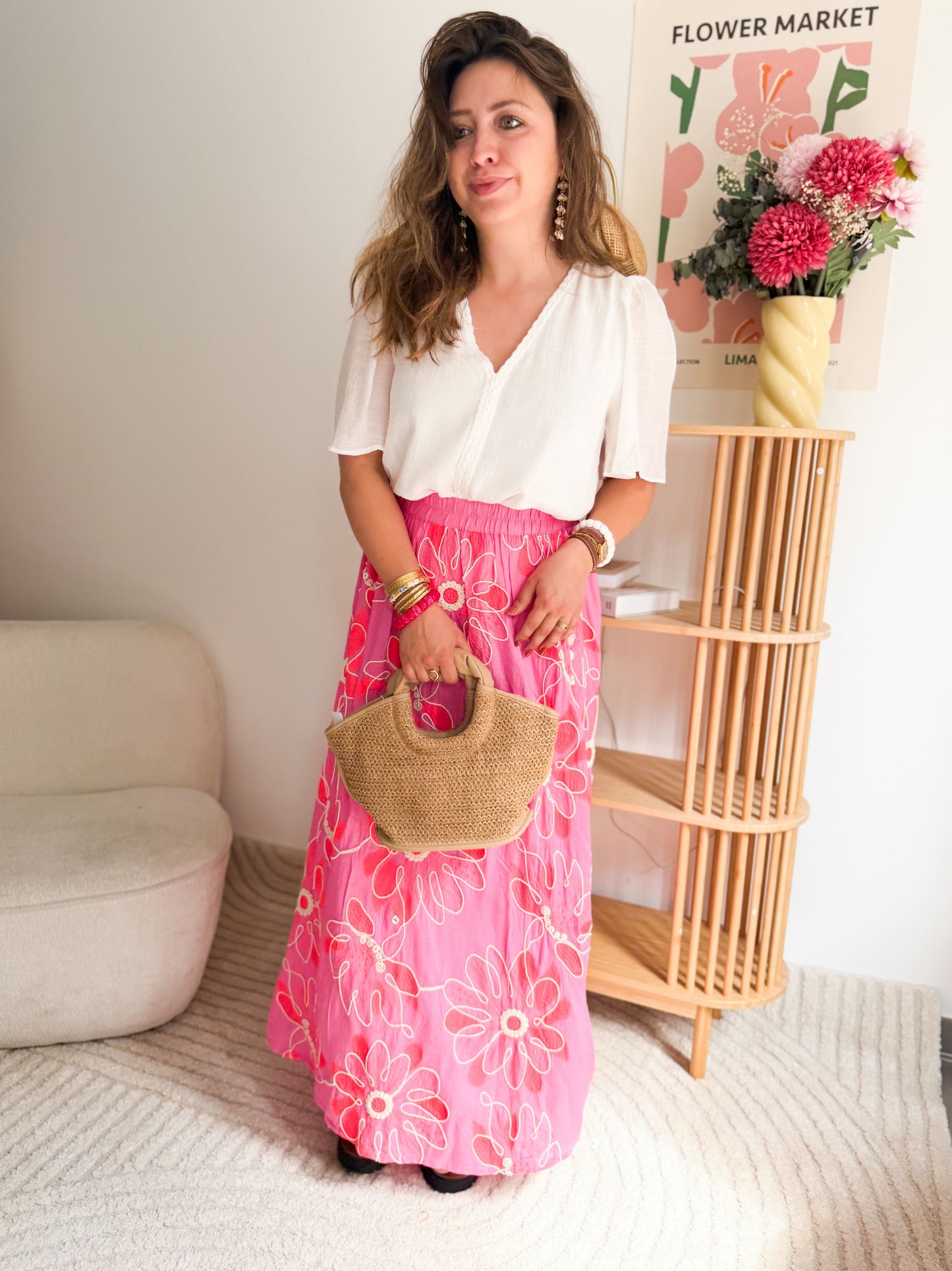 Jupe longue rose brodée