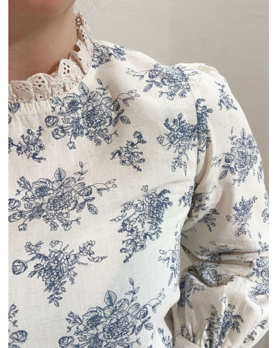 BLOUSE FEUILLAGE BLEU COL DENTELLE