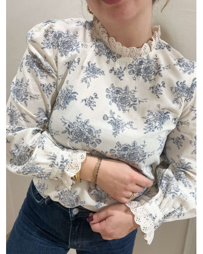 BLOUSE FEUILLAGE BLEU COL DENTELLE