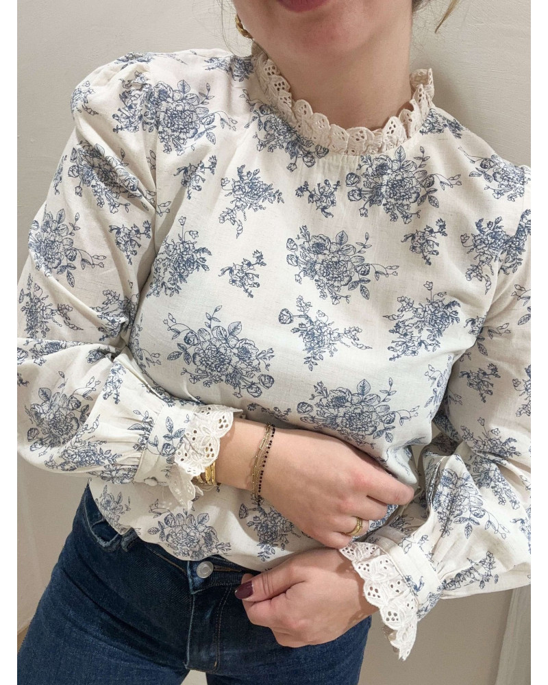 BLOUSE FEUILLAGE BLEU COL DENTELLE