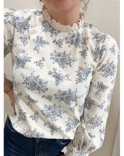 BLOUSE FEUILLAGE BLEU COL DENTELLE