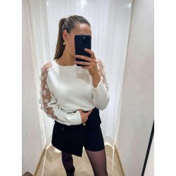 PULL ECRU DENTELLE FLEURS MANCHES