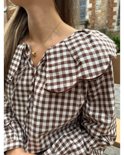 BLOUSE VICHY COL CLAUDINE CARREAUX MARRON/BLANC