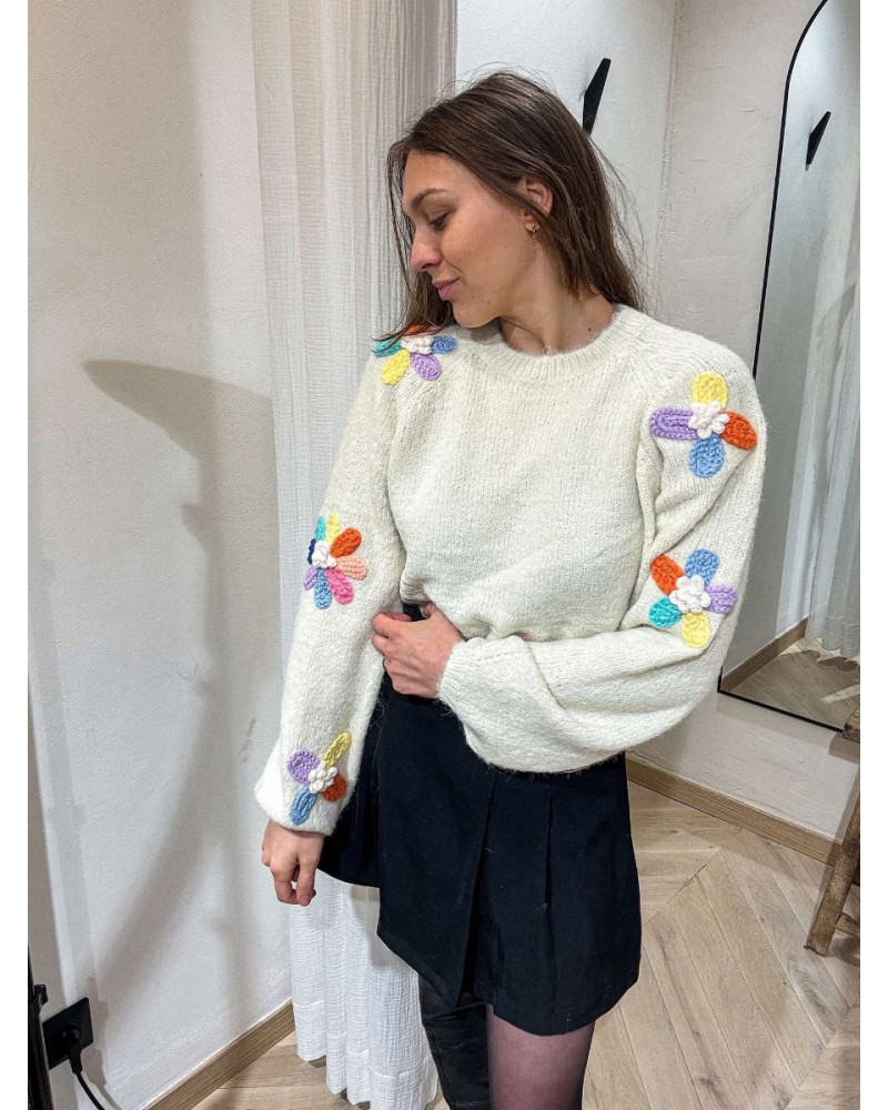 PULL ECRU FLEURS