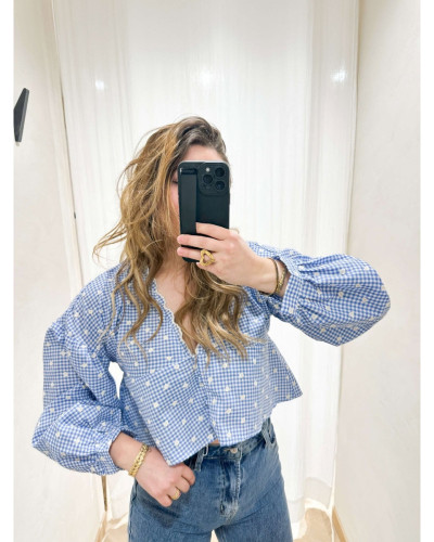 Blouse à carreaux bleue coeurs blancs