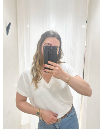 Top blanc col v maille