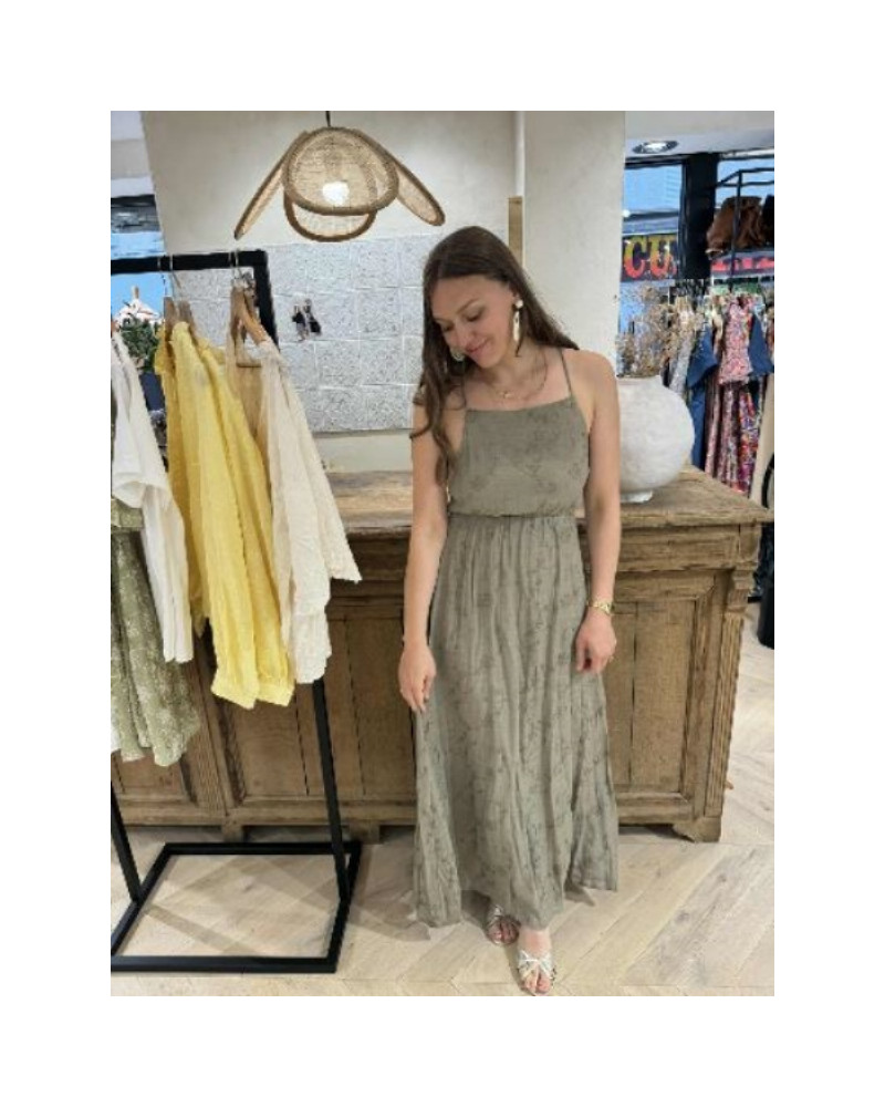 Robe longue broderie kaki
