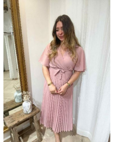 Robe longue plissée rose pale