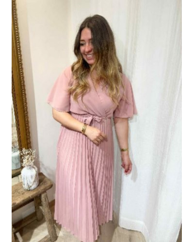 Robe longue plissée rose pale