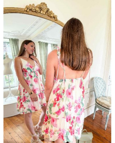 Robe fine bretelle fleurs aquarelle rose