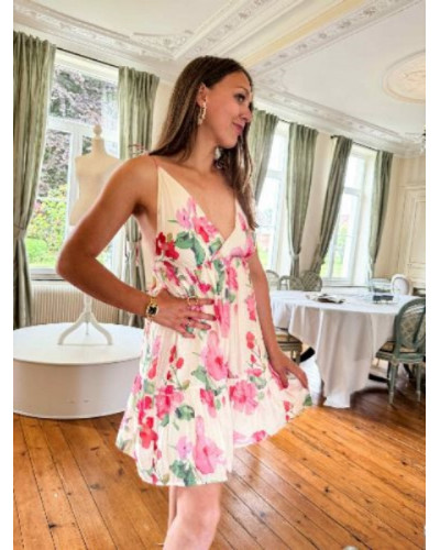 Robe fine bretelle fleurs aquarelle rose