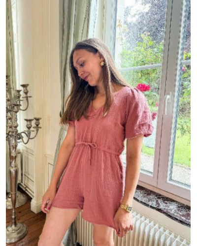 Combinaison short gaze de coton vieux rose