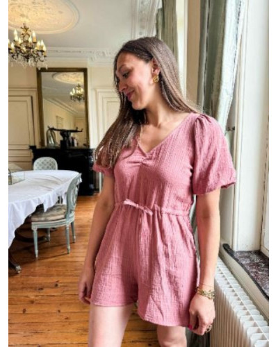 Combinaison short gaze de coton vieux rose