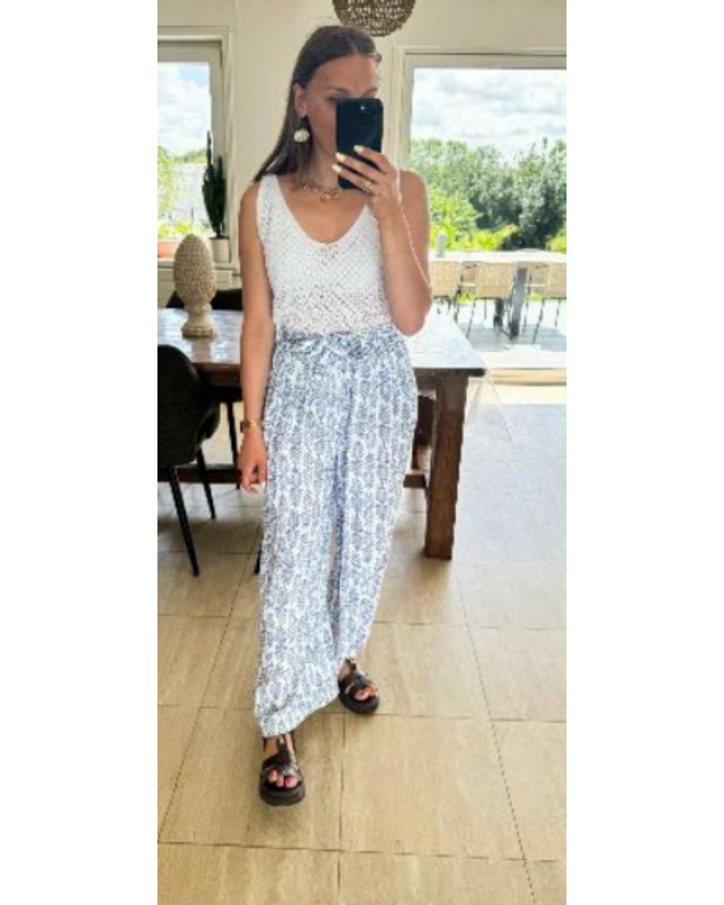 Pantalon coton feuillage bleu jean