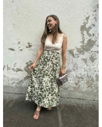 Jupe fluide kaki à fleurs
