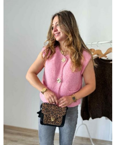 Gilet sans manche boutons dorés rose