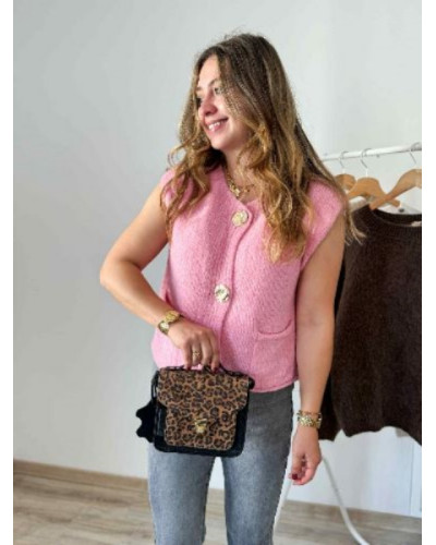Gilet sans manche boutons dorés rose