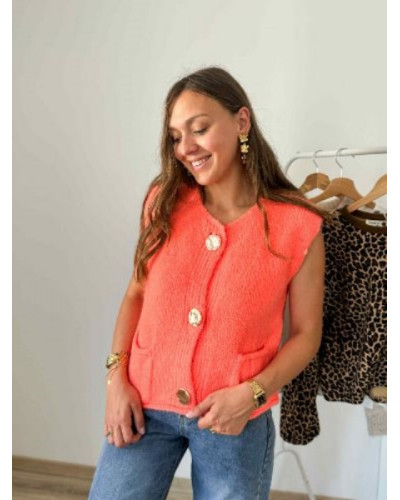 Gilet sans manche boutons dorés corail