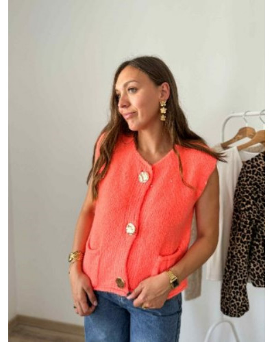 Gilet sans manche boutons dorés corail