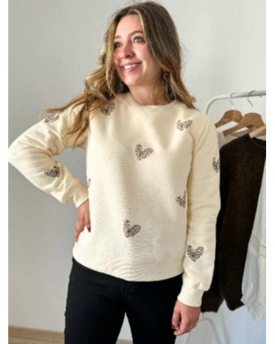 Sweat beige leopard coeur