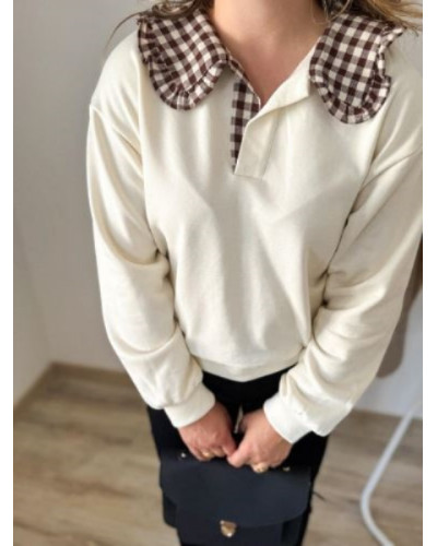 Sweat ecru vichy col