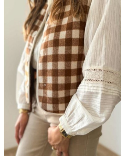 Gilet bouclette reversible carreau beige