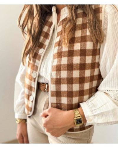 Gilet bouclette reversible carreau beige