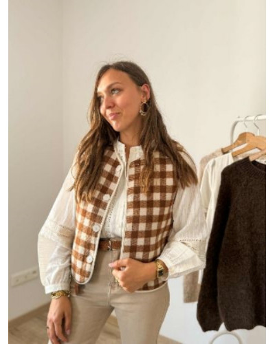 Gilet bouclette reversible carreau beige