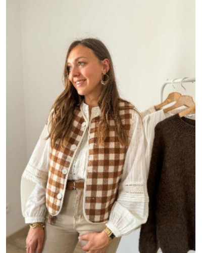 Gilet bouclette reversible carreau beige
