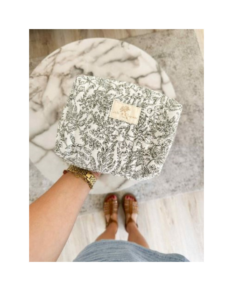 Trousse coton matelasse floral vert