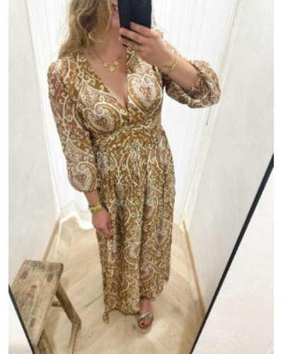 Robe longue taupe imprimé bohème