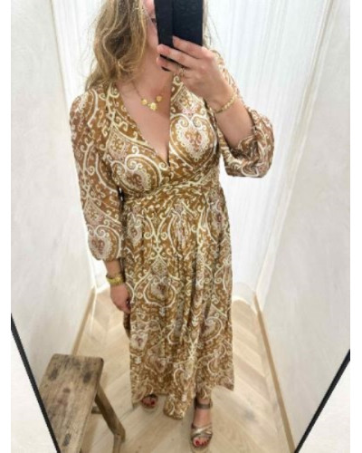 Robe longue taupe imprimé bohème