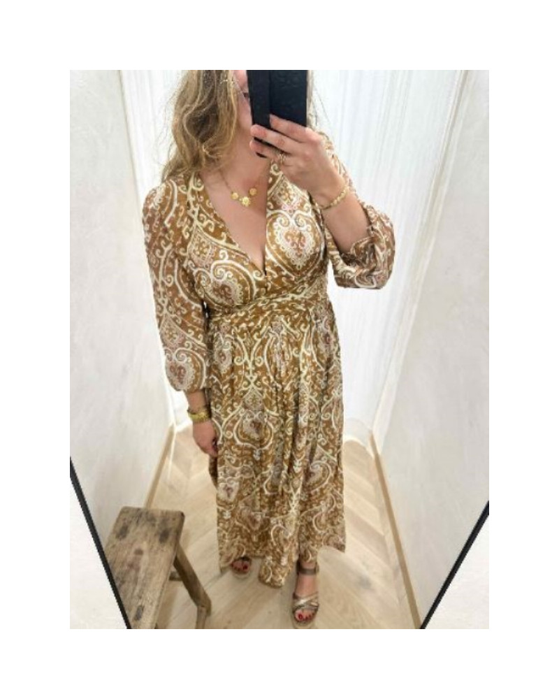 Robe longue taupe imprimé bohème