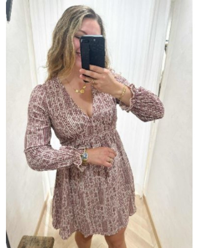 Robe vichy écru bordeaux imprimé