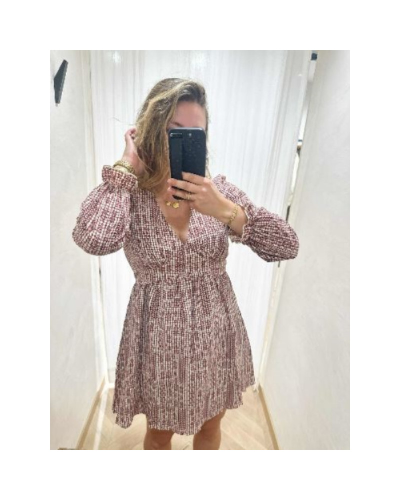 Robe vichy écru bordeaux imprimé