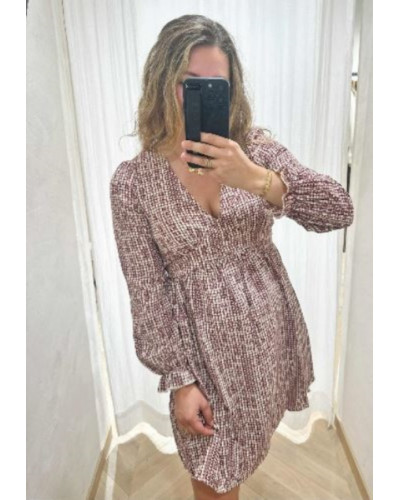 Robe vichy écru bordeaux imprimé