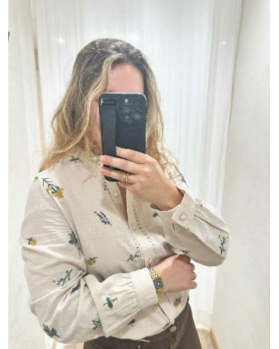 Blouse écru brodée marguerite lavande