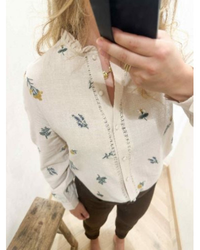 Blouse écru brodée marguerite lavande