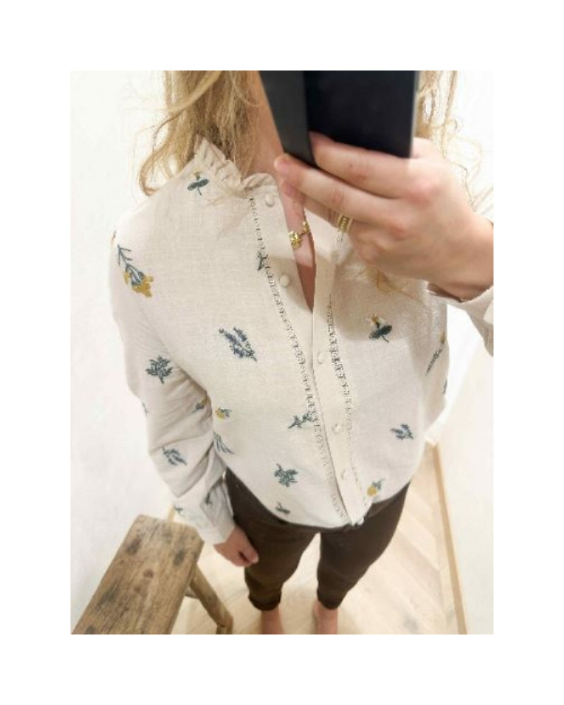 Blouse écru brodée marguerite lavande