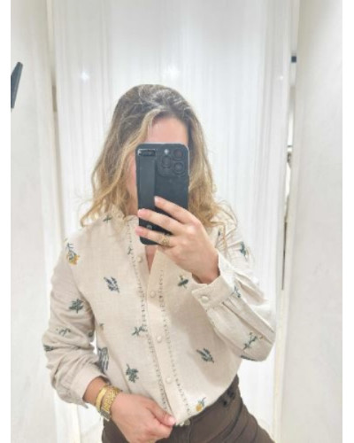 Blouse écru brodée marguerite lavande