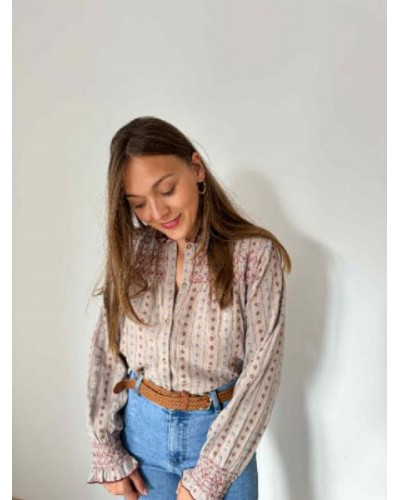 Blouse taupe détails bordeau et bleu - Nouvelle collection automne 2025