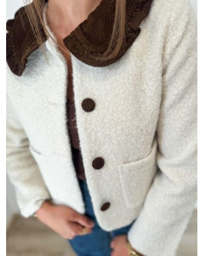 Veste bouclette écru col velour marron