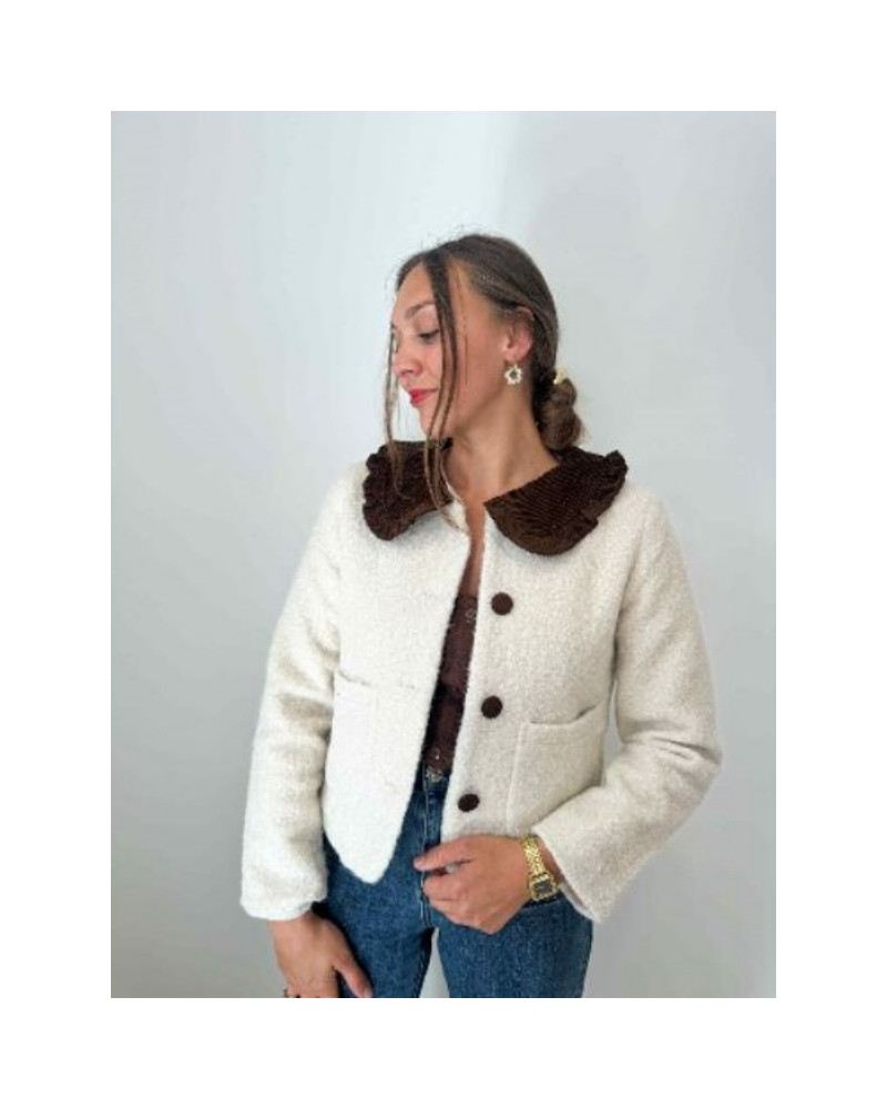 Veste bouclette écru col velour marron
