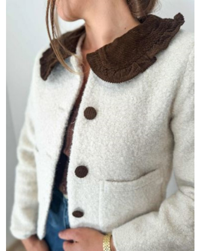 Veste bouclette écru col velour marron