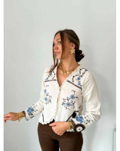 Blouse écru broderie pissenlis bleu noir