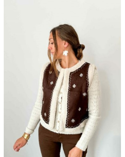 Gilet bouclette café écru brodé