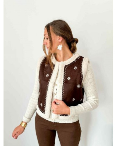 Gilet bouclette café écru brodé