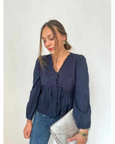 Blouse bleu marine bouton broderie